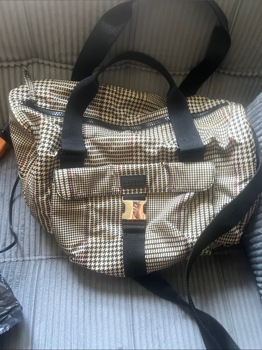 Plaid Canvas Travel Duffel Bag with Black Straps - Men